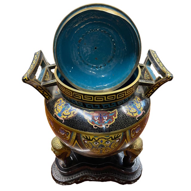 Antique Chinese Qing Dynasty Cloisonne Censer Ding Lidded Incense Burner 1870 For Sale - Image 9 of 12