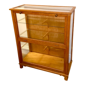 Early 20th Century Oak and Glass Floor Display Case, Fold Down Front Glass