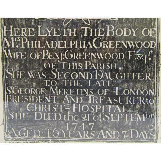 English Original St. Mary Cray 1967 Brass Rubbing of Mrs. Philadelphia Greenwood Tombstone For Sale - Image 3 of 5
