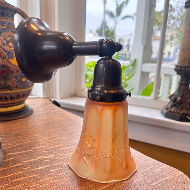 Stamped “NuArt”Carnival Glass Shade With Embossed Botanical Pattern on Old Bronzing Sconce,Circa 1910 For Sale In Los Angeles - Image 6 of 10