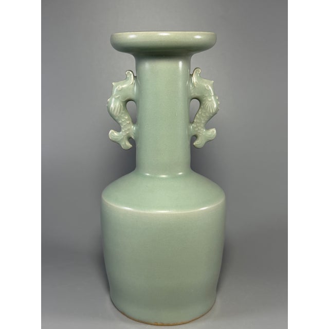Ceramic Ancient Chinese Longquan Celadon Carp Twin Handle Vase | One of a Kind For Sale - Image 7 of 9