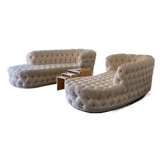 Pair of Vintage Tufted Curved Settees | Blush Pink Damask Chesterfield-Style Loveseats, Newly Reupholstered For Sale