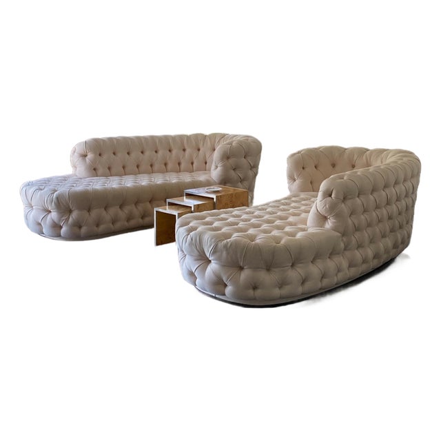 Pair of Vintage Tufted Curved Settees | Blush Pink Damask Chesterfield-Style Loveseats, Newly Reupholstered For Sale
