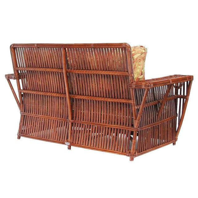 1990s Art Deco Presidents Nantucket Stick Walnut Finished Reed Rattan Settee Sofa For Sale - Image 4 of 6