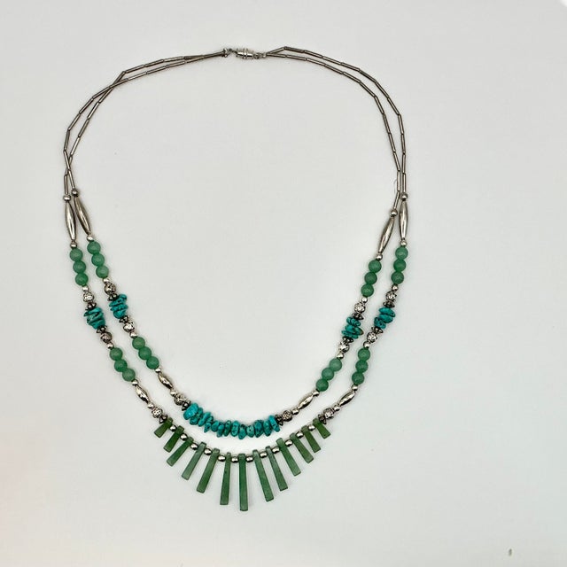 Metal 1970s Vintage Southwestern Mexican Boho Chic Double Strand Sterling, Turquoise & Jade Necklace For Sale - Image 7 of 18