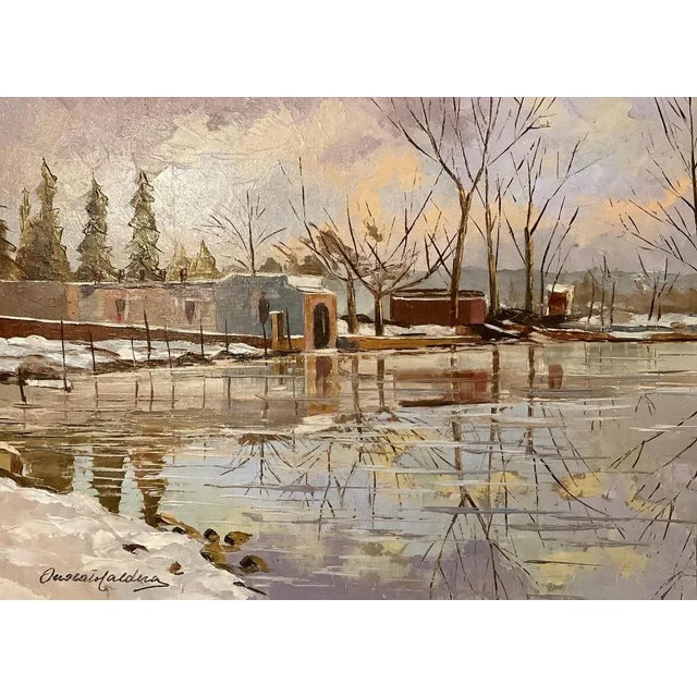 Oil painting on panel depicting snowfall, title “Lago di Monate”, 20th century, signed Onorato Caldera, fine frame,...