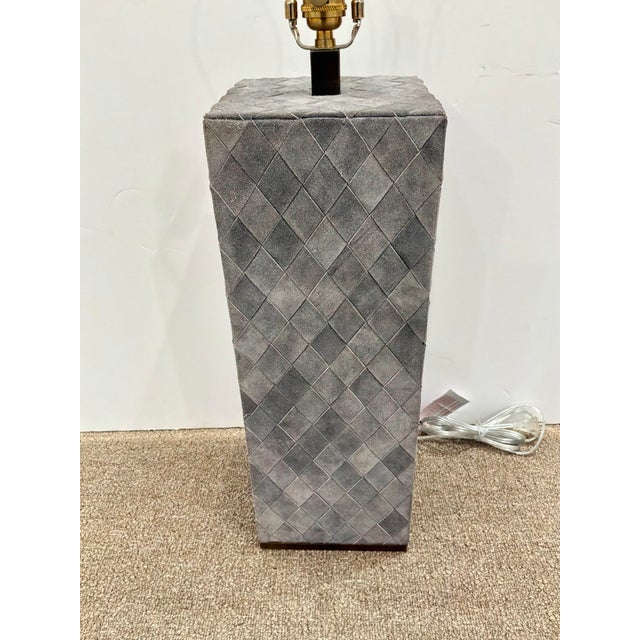 2010s Currey & Co Gray Leather Suede Basket Weave Lamp For Sale - Image 5 of 5