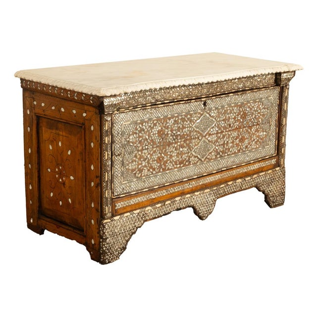 Antique Arabic Walnut Inlaid Mother-of-Pearl Dowry Marriage Chest Damascus 1860 For Sale - Image 4 of 17