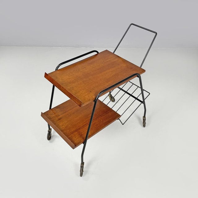 1960s Mid-Century Modern Italian Wood and Black Metal Trolley with Brass Wheels, 1960s For Sale - Image 5 of 17