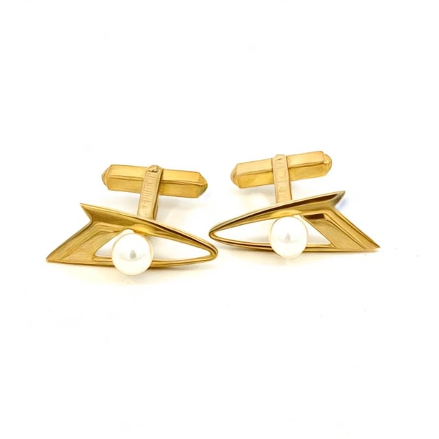 1990s Mikimoto Estate Akoya Pearl Cufflinks Overlay 14k Gold, 2 Pieces For Sale - Image 4 of 11