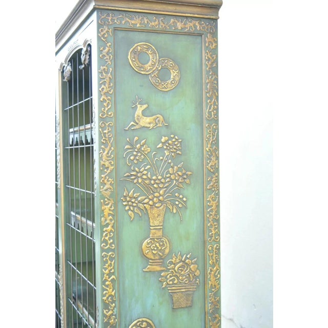 English Chinoiserie Green Distress Painted Tall George III Curio Display Cabinet For Sale - Image 4 of 12