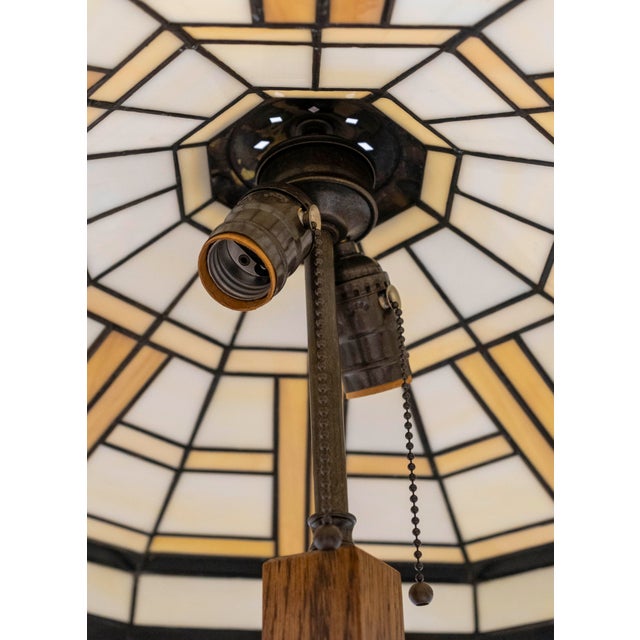 2000 - 2009 Stickley Mission Oak 2 Light Table Lamp W. Art Glass Shade For Sale - Image 5 of 16