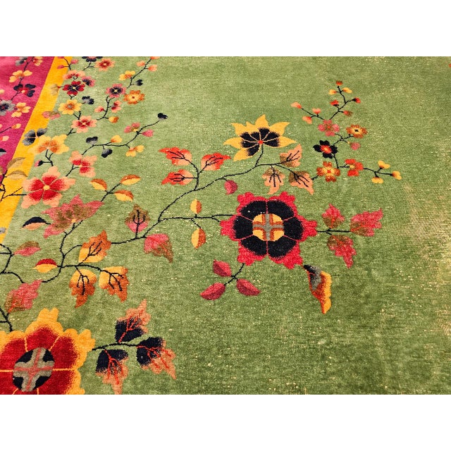 Vintage Art Deco Chinese Rug, Hand-Knotted Wool, Floral Motif, Turquoise & Purple, 9x12 For Sale - Image 16 of 18