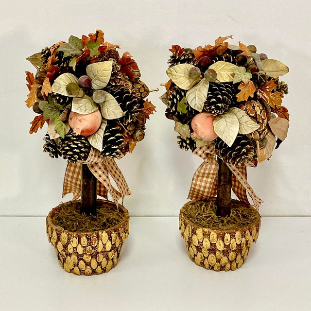 1980s Vintage Rustic Arts & Crafts Boho Chic Fall Mantel Centerpiece Topiaries - A Pair, Thanksgiving. For Sale - Image 12 of 16