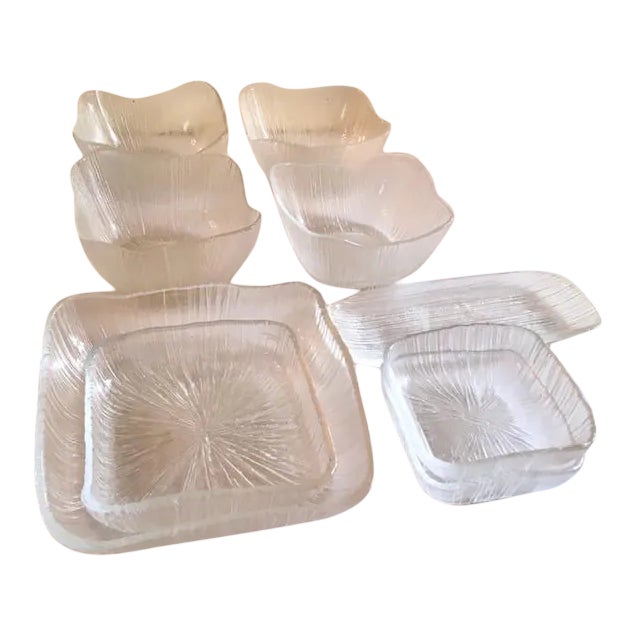Vintage Abstract Linear Striated Textured Art Glass Salad Set - 9 Piece Set For Sale