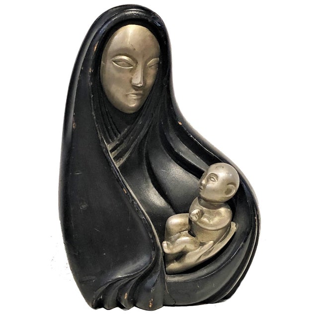 Rena Rosenthal, Madonna & Child, Art Deco Wood & Metal Sculpture, ca. 1920’s For Sale - Image 9 of 12