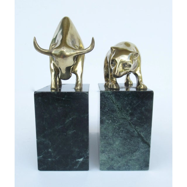 1970s Vintage C.1970's Solid Brass Bear & Bull Wallstreet Bookends Mounted on Green Veined Marble Bases For Sale - Image 5 of 13
