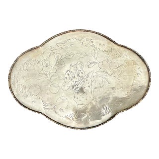 Vintage Engraved Chinoiserie Brass Tray For Sale
