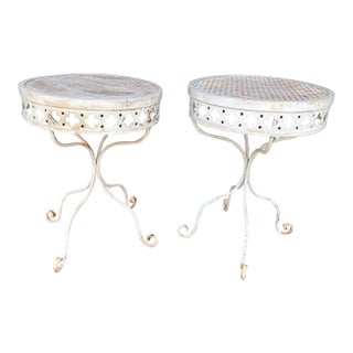 Mid 20th Century White Round Top Side Tables With Stamped Metal Apron - Set of 2 For Sale