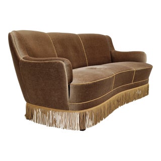 1970s, Danish Vintage 3 Seater "Banana" Sofa, Velour, Original Condition. For Sale
