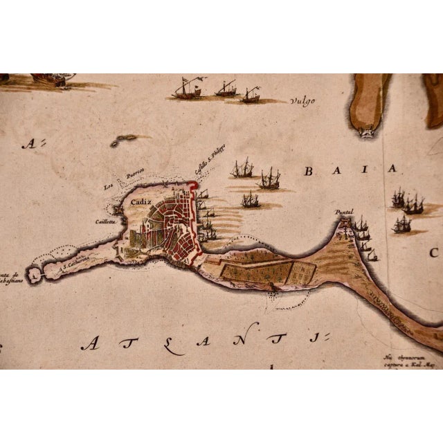 17th Century Cadiz Island: A Framed 17th Century Hand-Colored Map From Blaeu's Atlas Major, 1662 For Sale - Image 5 of 9