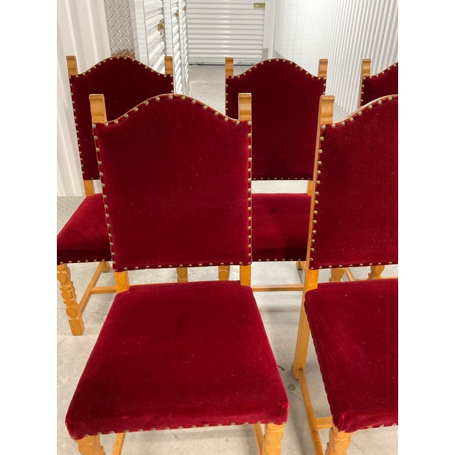Set of 6 1970s Danish Oak Dining Chairs - Style of Henning Kjærnulf - Original Red Mohair For Sale - Image 9 of 18