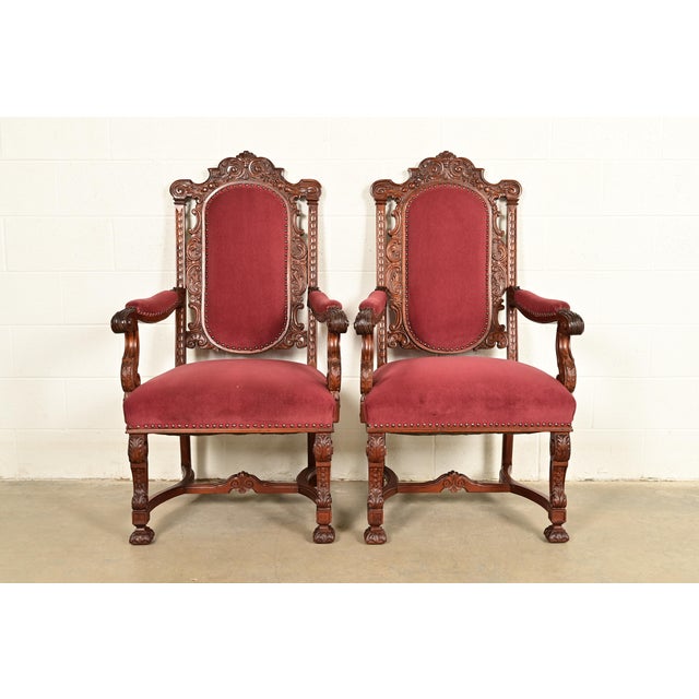 R. J. Horner Style Antique Renaissance Revival Carved Walnut Armchairs | Pair For Sale - Image 14 of 14