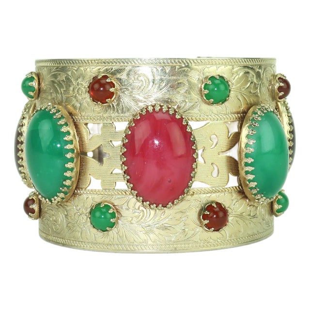 Vintage Asian Style Faux Cabochon Cuff Bracelet For Sale