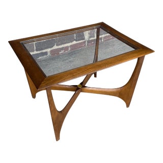 1960s Andre Bus for Lane Silhouette Sculptural Walnut & Glass Coffee Table For Sale