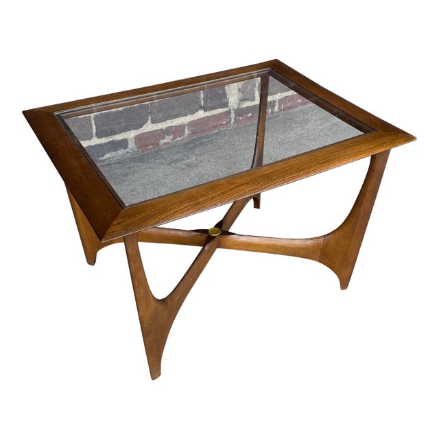 1960s Andre Bus for Lane Silhouette Sculptural Walnut & Glass Coffee Table For Sale