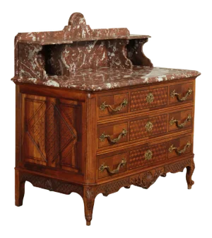 Antique French Louis XV Walnut Marble Top Parquetry Inlaid Commode Wash Stand