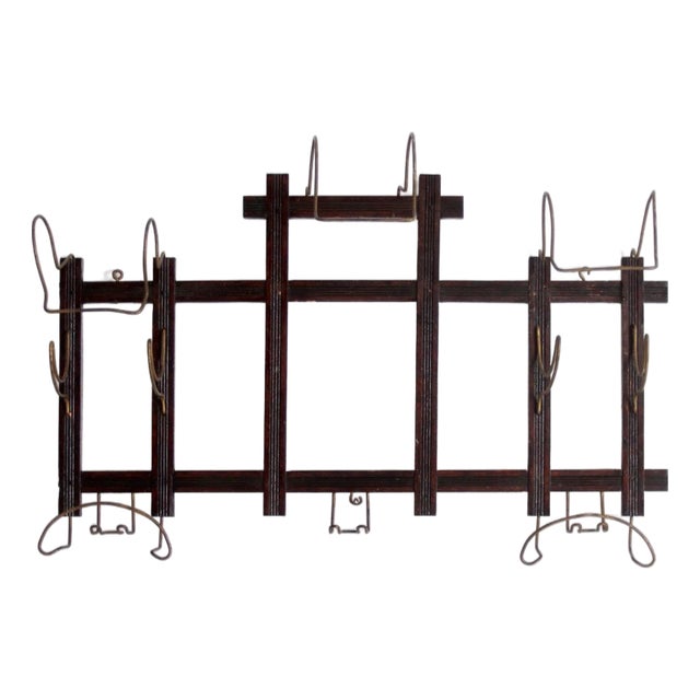 Antique Wood and Wire Wall Hat Rack With Coat Hooks For Sale