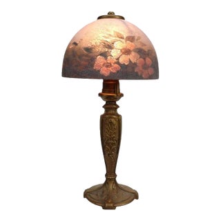 Handel Floral Reverse Painted Chipped Ice Shade & Gilt Metal Base C1910 For Sale