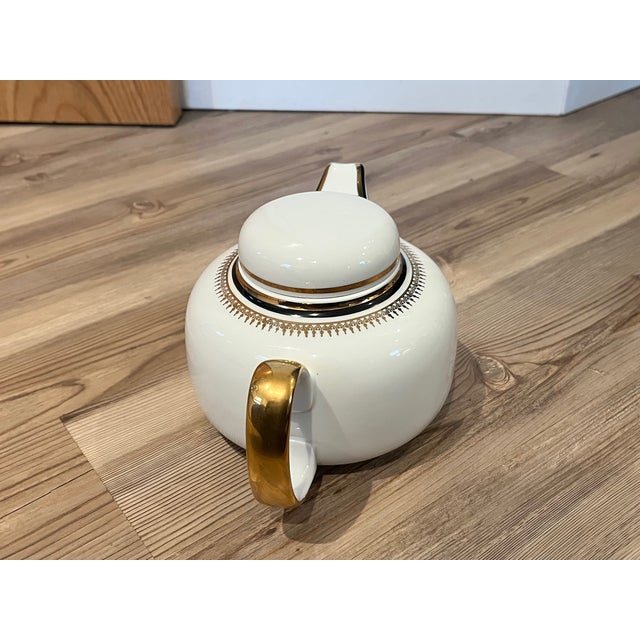 Mid-Century Modern Vintage Chodziez White Porcelain Tea Pot With Black Gold Band and Filigree For Sale - Image 3 of 8