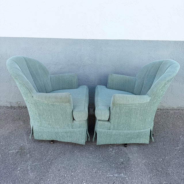 1980s Postmodern Turquoise Fabric Clam Shell Scalloped Swivel Lounge Chairs by Stanley - A Pair For Sale - Image 5 of 6