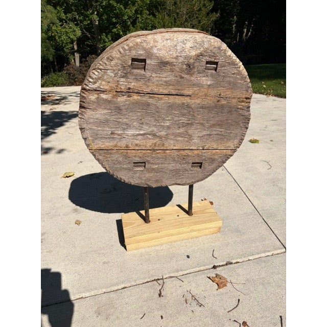 Folk Art Vintage Wood Milling Wheel - Art Sculpture For Sale - Image 3 of 9