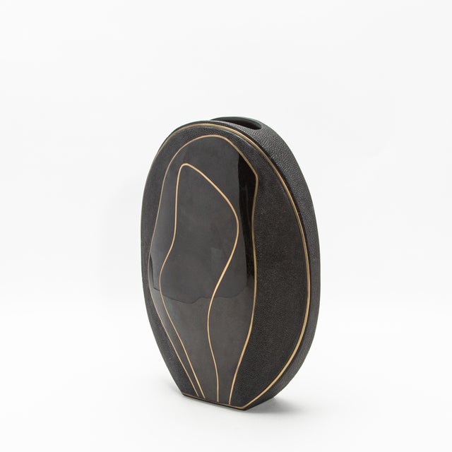 2020s Modern Vase in Shagreen With Black Shell and Brass Details by R&y Augousti For Sale - Image 5 of 10