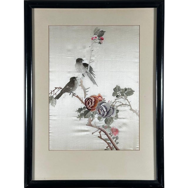 Vintage Framed Chinese Silk Embroidery Panels Birds and Flowers Huaniao Art Pair This exquisite matching pair of vintage...