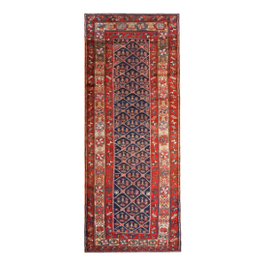 1900s Navy Geometric Tribal Antique Persian Kurdish Rug 3'11" X 9'7" Knotted Wool Carpet