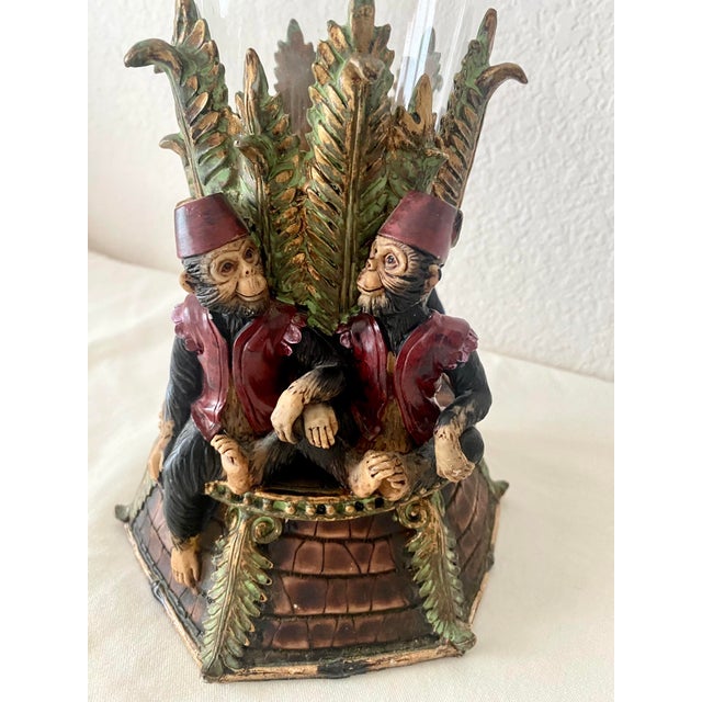 Vintage Singerie Motif Primates Dressed in Red Vests & Hat Unique and Exquisite Vase/Vessel For Sale - Image 12 of 16