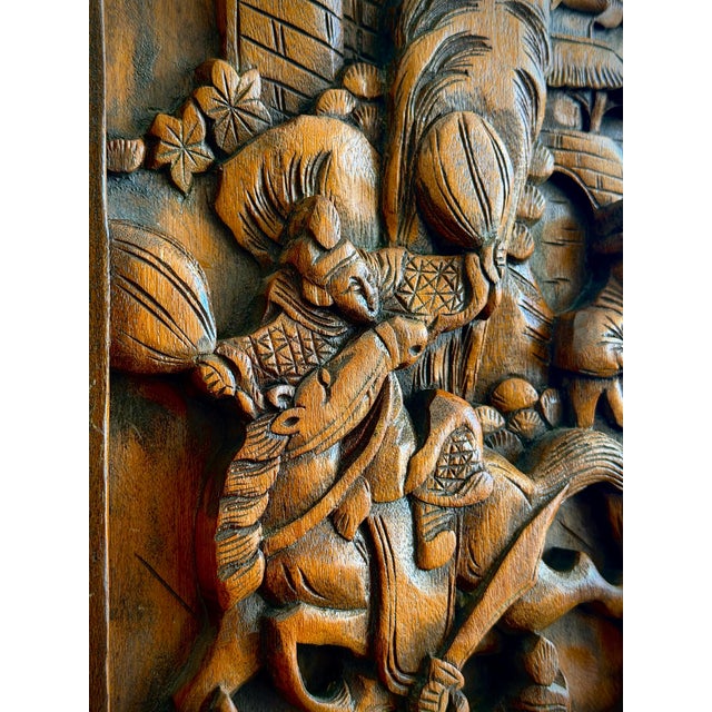 Mid 20th Century Striking Vintage Chinese Teak Relief Carving Wall Panel Chinoiserie Hollywood Regency Asian Wall Sculpture For Sale - Image 5 of 12