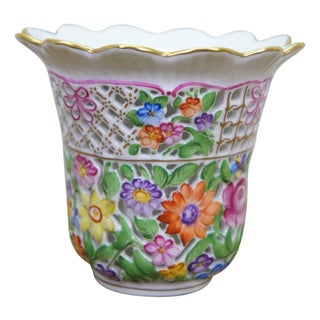 Vintage Herend Hungary Handpainted Openwork Basketweave Pierced Porcelain Vase For Sale