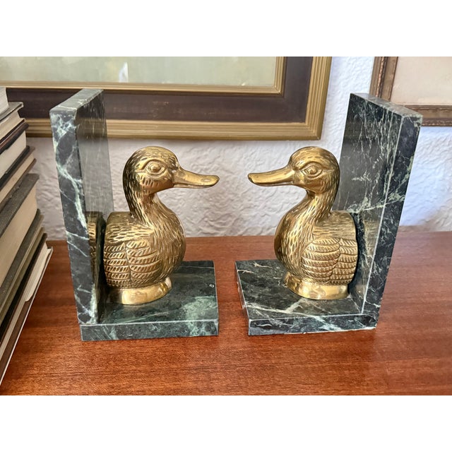Brass Late 20th Century Solid Brass Duck Bookends on Marble For Sale - Image 8 of 10