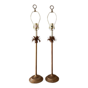 1990s Currey and Company Table Lamps Gold Leaf Palm Detail 32 Inch Tall - a Pair