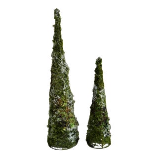 Late 20th Century Topiary Cone Wired Moss and Glitter Holiday Decor - A Set of 2 For Sale