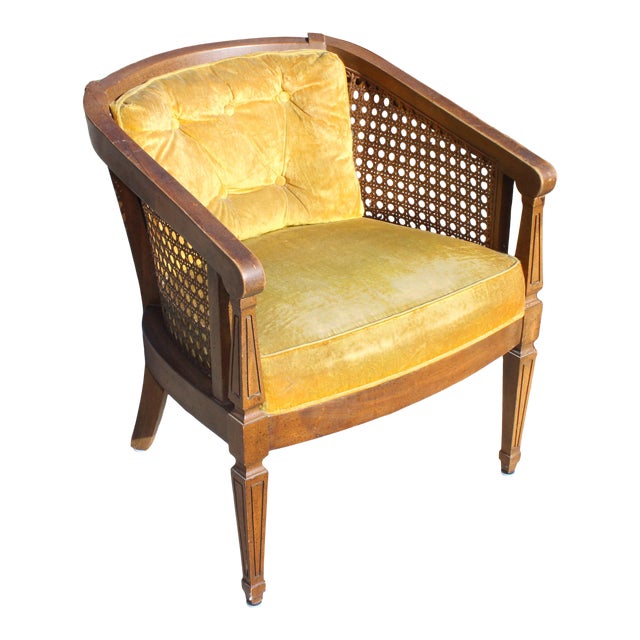 Vintage Mid Century Regency Style Velvet & Cane Barrel Club Chair