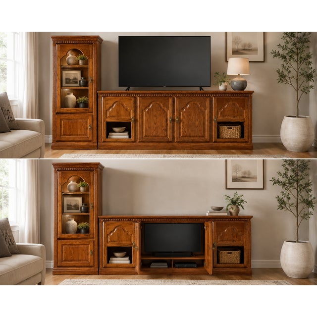 Vintage Custom-Built Oak Entertainment Console & Display Cabinet Real wood, custom-built entertainment set, very well...