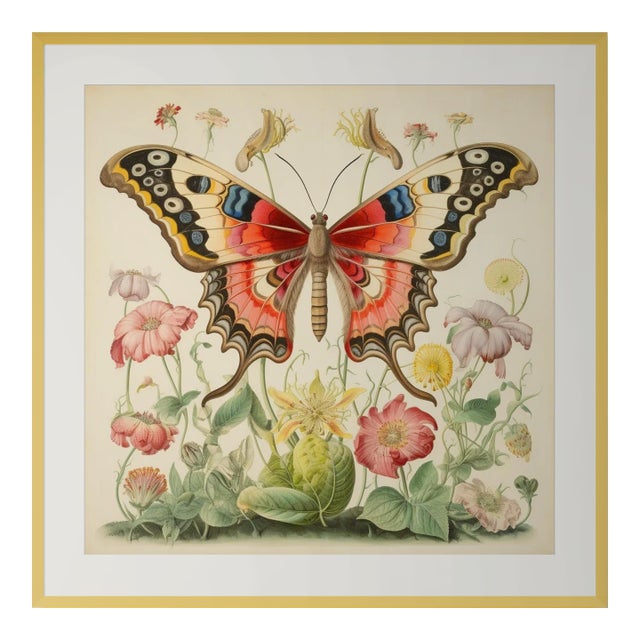 18" X 18" Framed 'Butterfly and Flowers' Original Fine Art Print #1 For Sale
