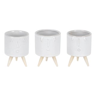 Porcelain Face Planter with Wooden Legs (Set of 3) For Sale