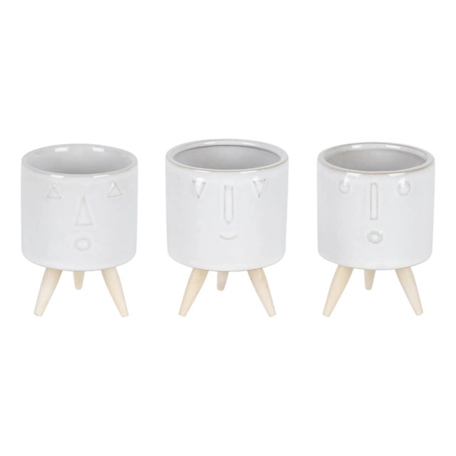 Porcelain Face Planter with Wooden Legs (Set of 3) For Sale